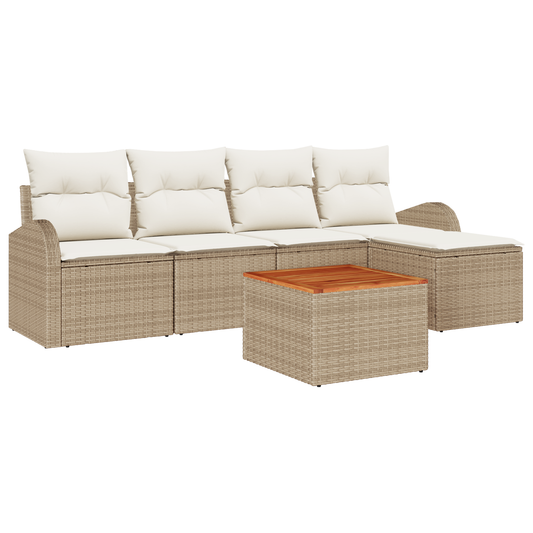 6-Teiliges Garten Sofa Set Mit Kissen Beige Poly Rattan Akazie
