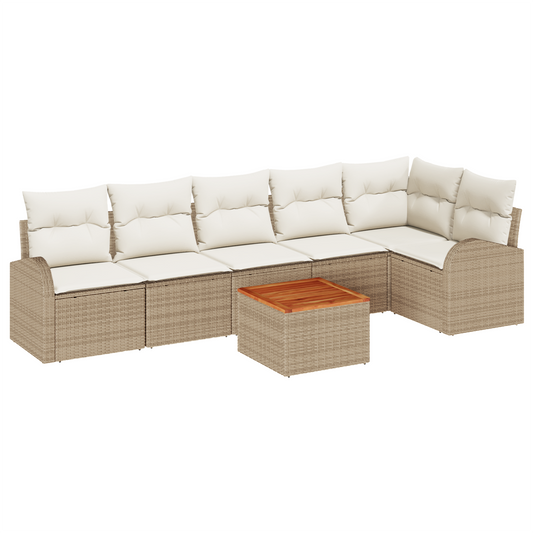 7-Teiliges Garten-Sofa-Set Mit Kissen Beige Poly Rattan Akazie