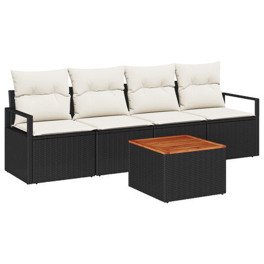 5-Teilige Garten-Sofa Set Mit Kissen Schwarz Poly Rattan Akazie