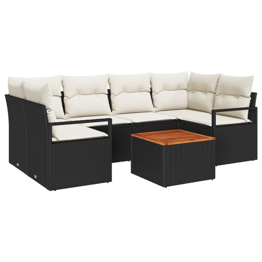 7-Teiliges Garten Sofa Set Mit Kissen Schwarz Poly Rattan Akazie