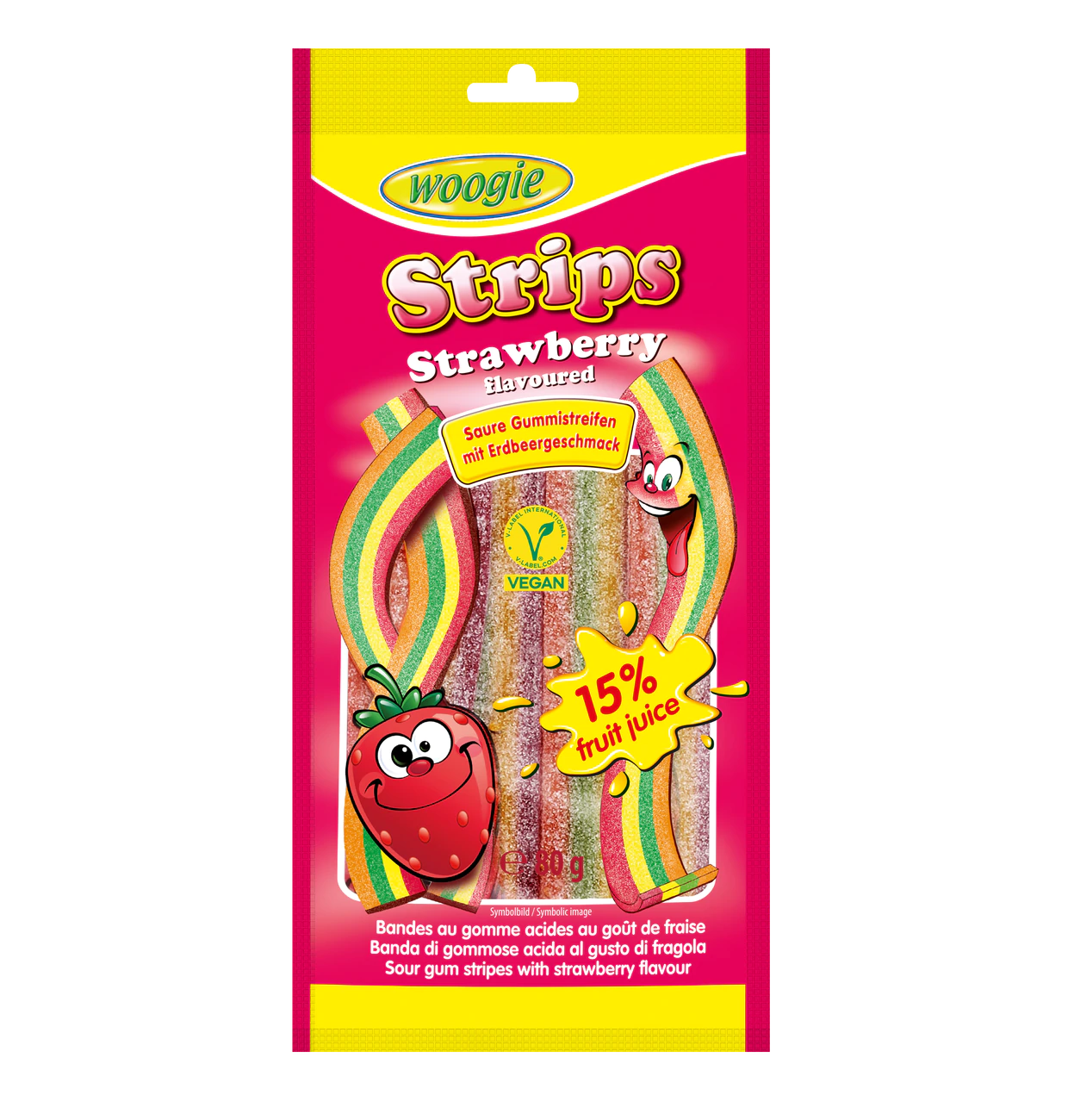 Woogie Sour Strawberry Strips 80g