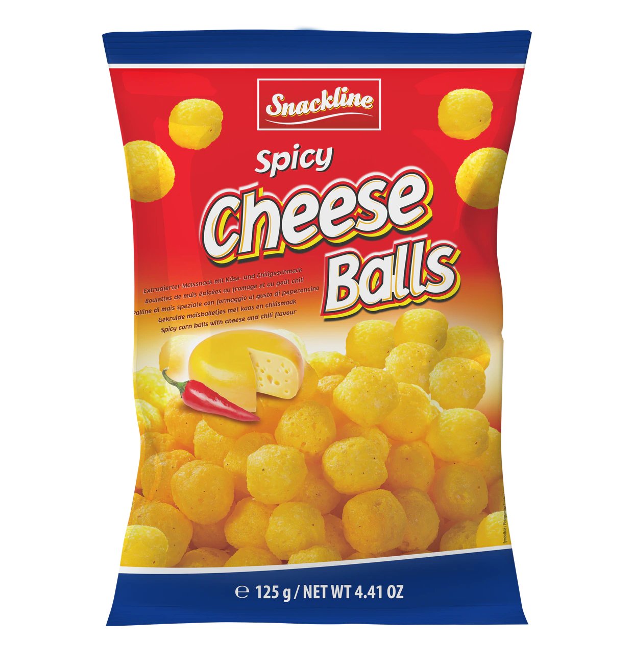 Snackline Spicy Cheese Balls 125g Maisbällchen mit echtem Käse, pikant gewürzt.