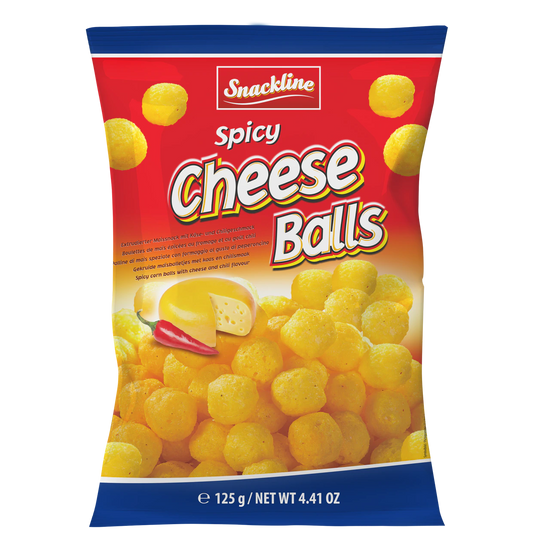Snackline Spicy Cheese Balls 125g Maisbällchen mit echtem Käse, pikant gewürzt.