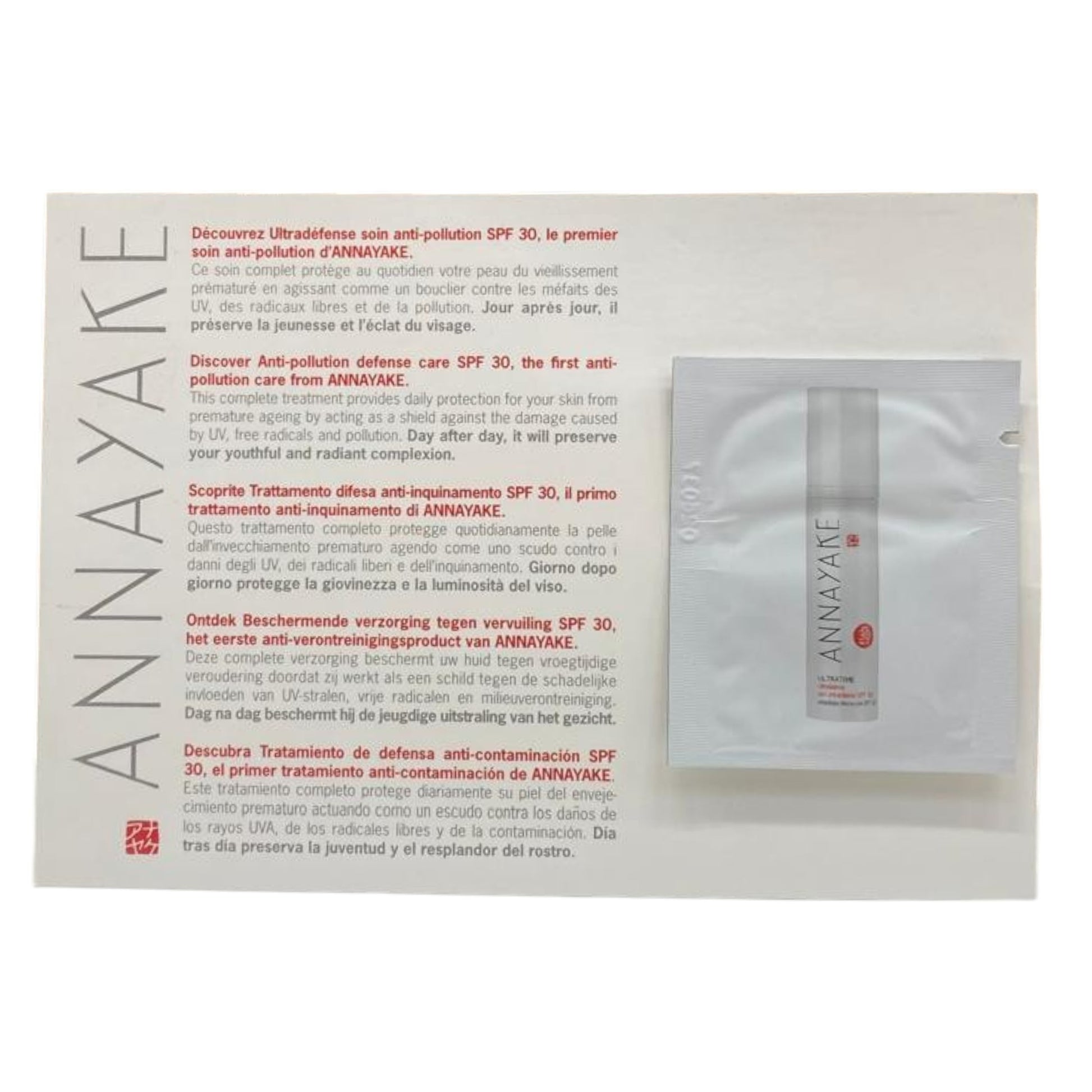 Annayake Annayake, Ultratime, Antiverschmutzung, Sahne, Für das Gesicht, SPF 30, 1 ml *Muster Sample
