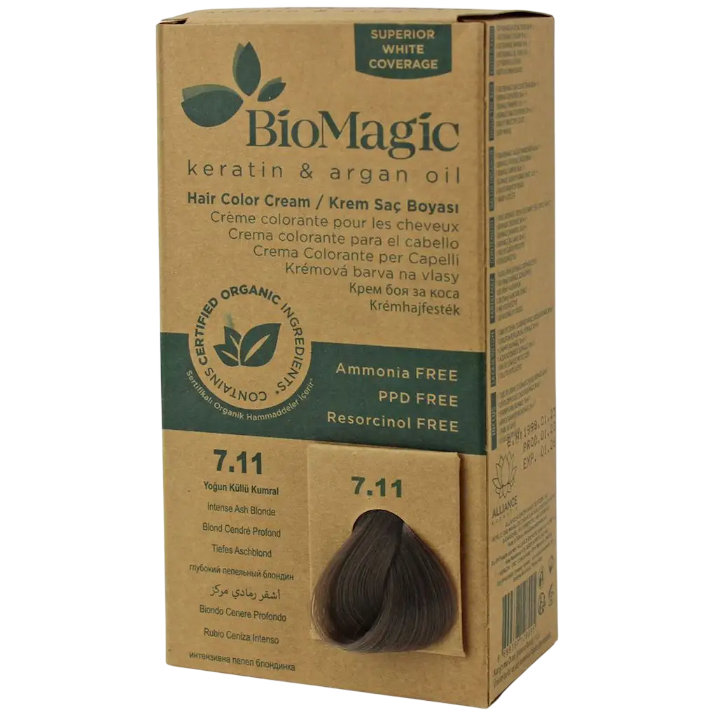 Biomagic Keratin & Argan Oil Permanente Haarfarbe 7.11 – 250 ml Tester für strahlende Farbresultate