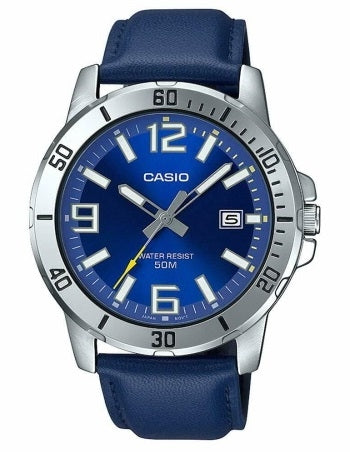 CASIO COLLECTION & VINTAGE DIVER 50M LEATHER - BLUE MTP-VD01L-2BVUDF Date Armbanduhr 45 mm Blau
