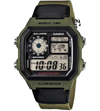 CASIO COLLECTION & VINTAGE DIVER - WORLD TIME ILLUMINATOR 5 ALARMS - FUTURE CLASSIC COLLECTION - KAKHI GREEN AE-1200WHB-3BVDF Multifunction Armbanduhr 42 mm Grün
