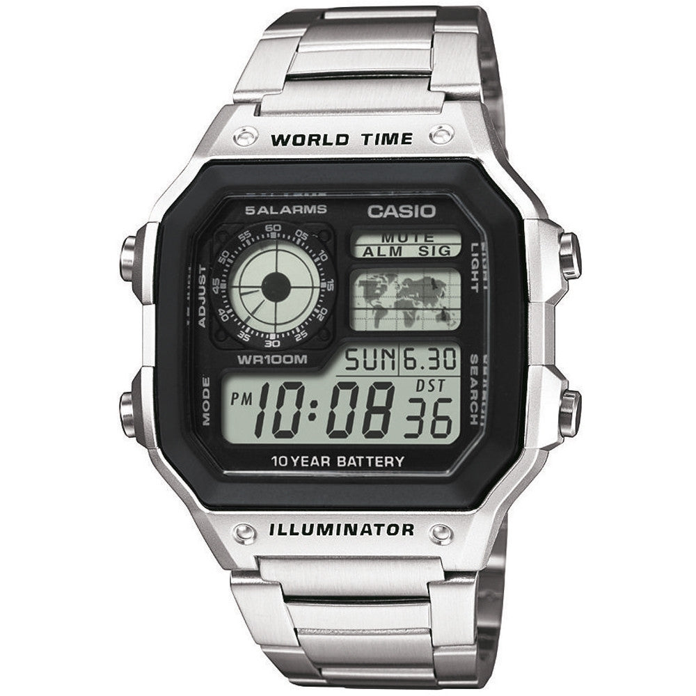 CASIO COLLECTION & VINTAGE DIVER - WORLD TIME ILLUMINATOR 5 ALARMS - FUTURE CLASSIC COLLECTION - SILVER STEEL AE-1200WHD-1AVDF Dual Time Armbanduhr 42 mm Silber