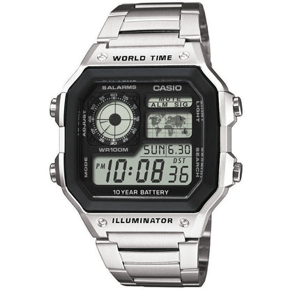 CASIO COLLECTION & VINTAGE DIVER - WORLD TIME ILLUMINATOR 5 ALARMS - FUTURE CLASSIC COLLECTION - SILVER STEEL AE-1200WHD-1AVDF Dual Time Armbanduhr 42 mm Silber