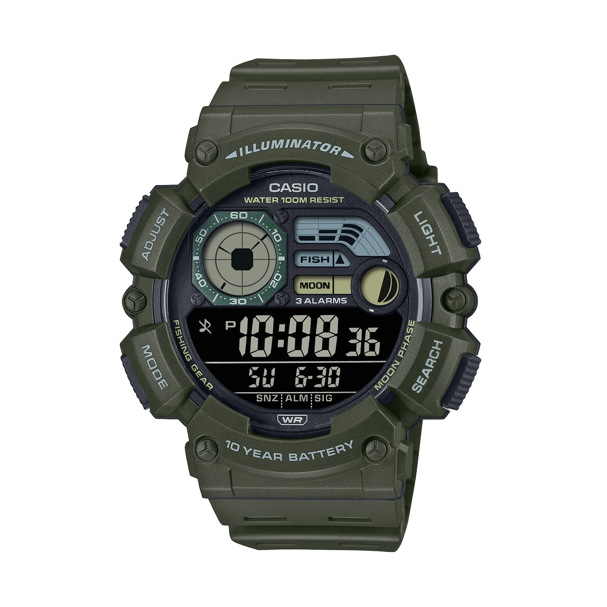 CASIO COLLECTION & VINTAGE ILLUMINATOR 10 YEARS BATTERY - ARMY GREEN WS-1500H-3BVEF Multifunction Armbanduhr 50 mm Grün