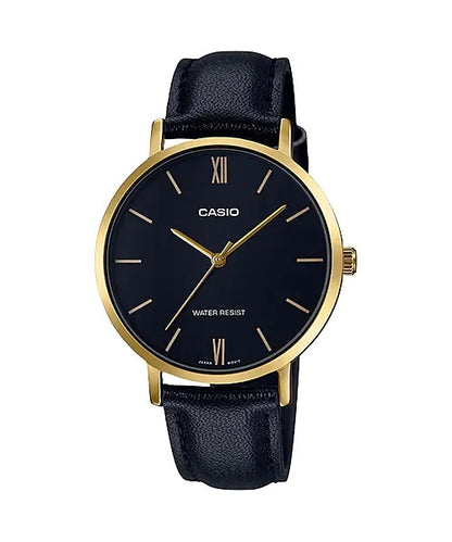 CASIO COLLECTION & VINTAGE Damen Quarzuhr aus Edelstahl mit Lederarmband 34 mm LTP-VT01GL-1BUDF – Produktansicht