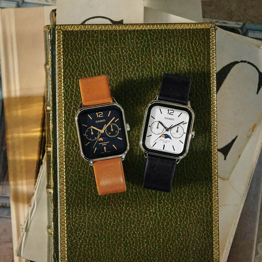 CASIO COLLECTION & VINTAGE MOONPHASES LEATHER - BLACK Unisex Quarzuhr aus Edelstahl mit – Produktansicht