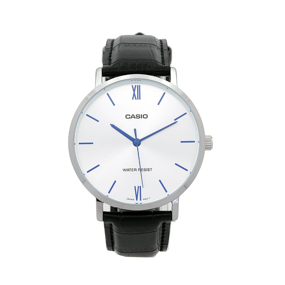 CASIO COLLECTION & VINTAGE Herren Quarzuhr aus Edelstahl mit Lederarmband 40 mm MTP-VT01L-7B1UDF – Produktansicht