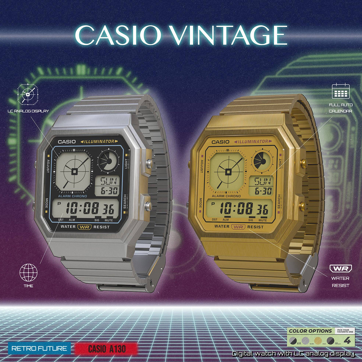 CASIO COLLECTION & VINTAGE RETRO FUTURE EDGY COLLECTION - FULL GOLD A130WEG-9AEF Multifunction Armbanduhr 34 mm Gold ansicht-3