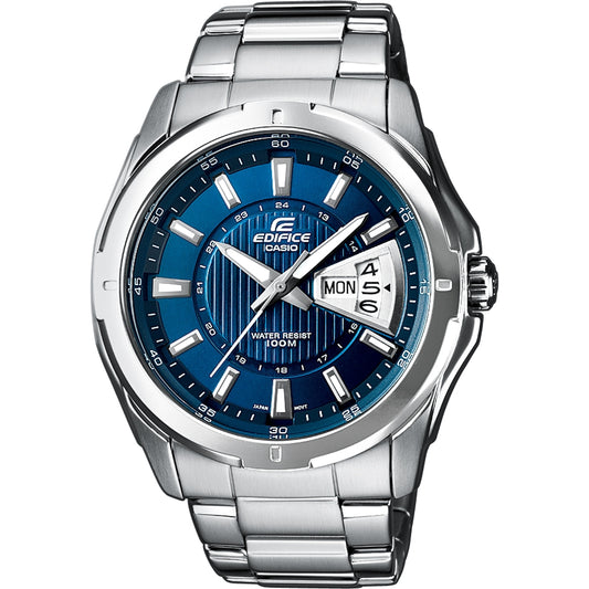 CASIO EDIFICE CLASSIC DAY DATE - BLUE Herren Quarzuhr mit Datum aus Edelstahl mit SS Bracelet – Produktansicht