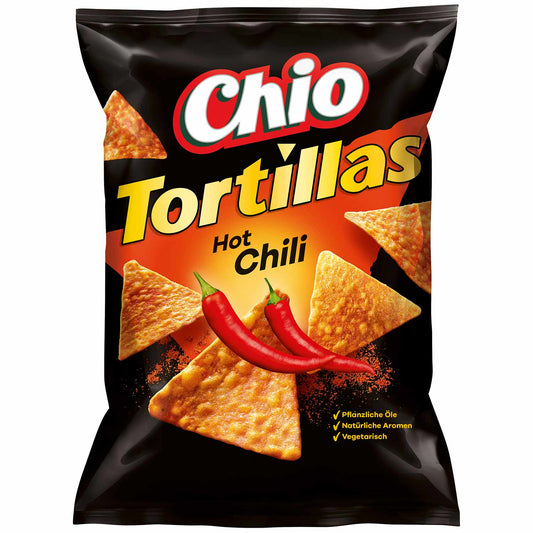 Chio Tortillas Hot Chili 110g Würzig-scharfer Mais-Snack mit Chili-Geschmack. Laktosefrei. Für Vegetarier geeignet. - Candyshop.ch