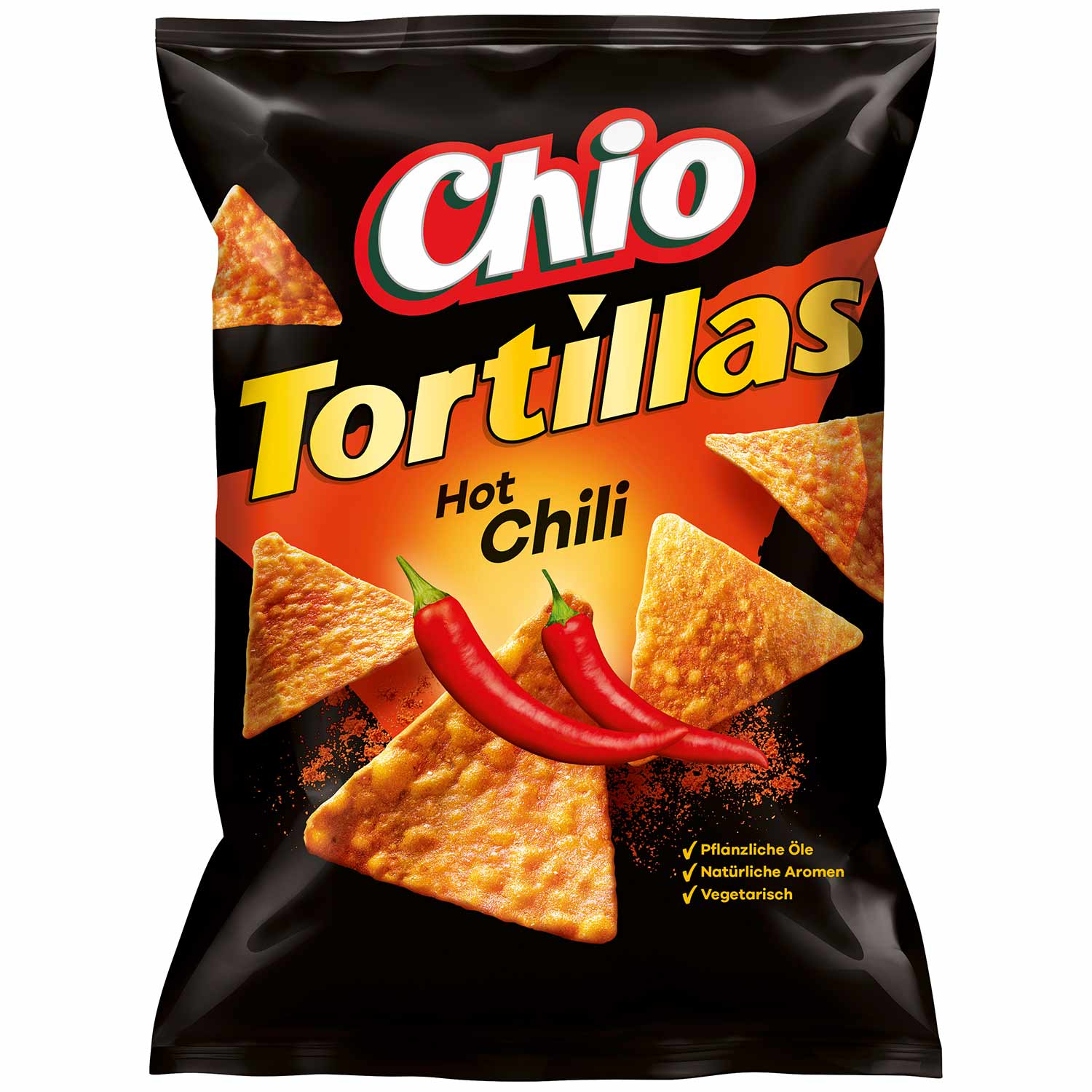 Chio Tortillas Hot Chili 110g Würzig-scharfer Mais-Snack mit Chili-Geschmack. Laktosefrei. Für Vegetarier geeignet. - Candyshop.ch