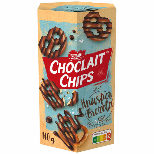 Choclait Chips Knusperbrezeln 140g Knusprige Mini-Salzbrezeln mit Überzug aus Milch-Schokolade mit Dekor aus Halbbitter-Schokolade - Candyshop.ch