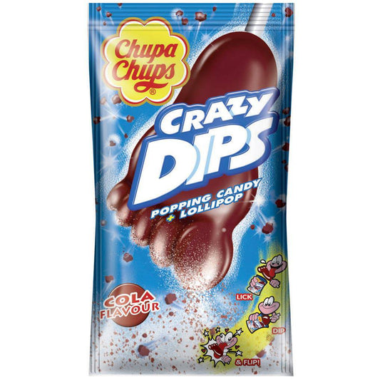 Chupa Chups Crazy Dips Cola 14g Einzelverpackung mit Lolli in Fußform mit Cola-Geschmack und Brausepulver mit Knister-Effekt - Candyshop.ch