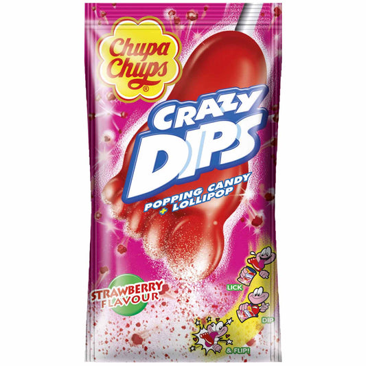Chupa Chups Crazy Dips Strawberry 14g Einzelverpackung mit Lolli in Fußform mit Erdbeergeschmack und Brausepulver mit Knister-Effekt - Candyshop.ch