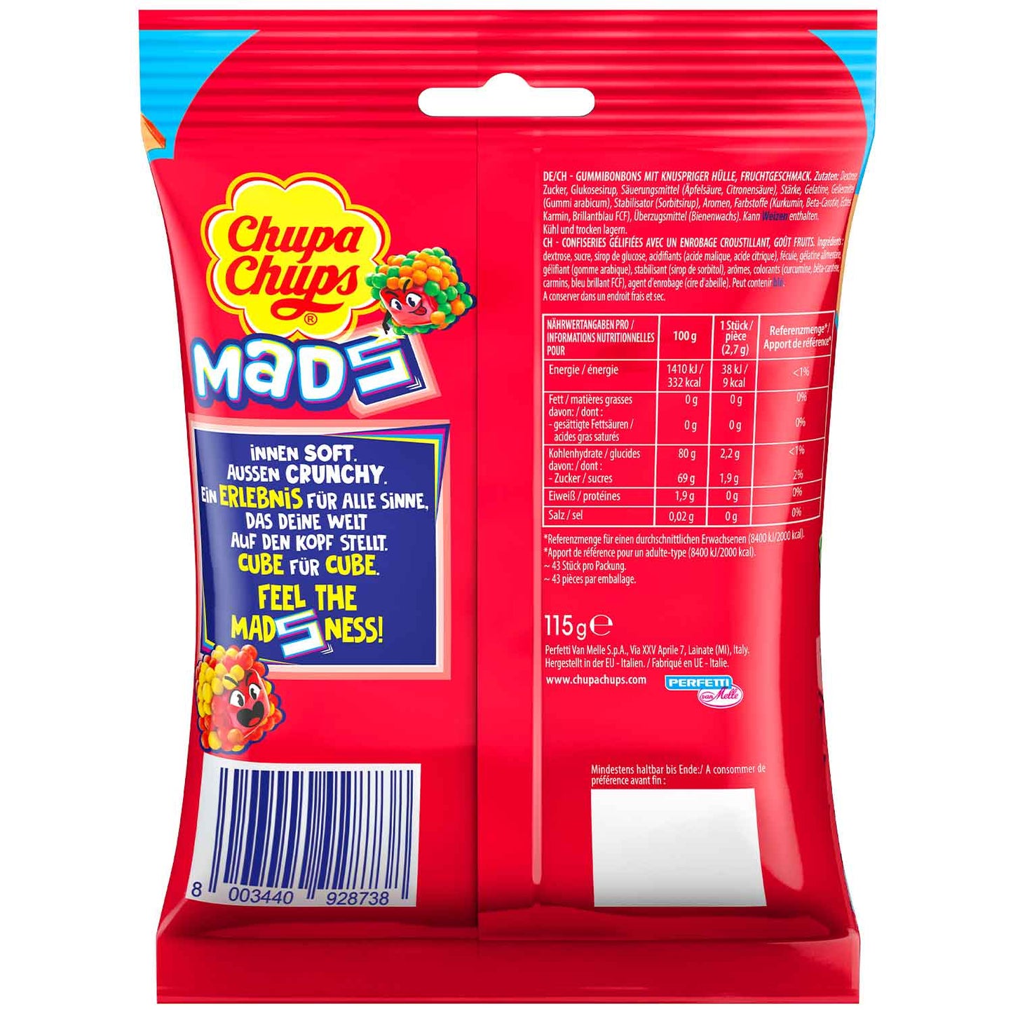 Chupa Chups Mads Fruits 115g  Gummibonbons mit knuspriger Hülle und Fruchtgeschmack