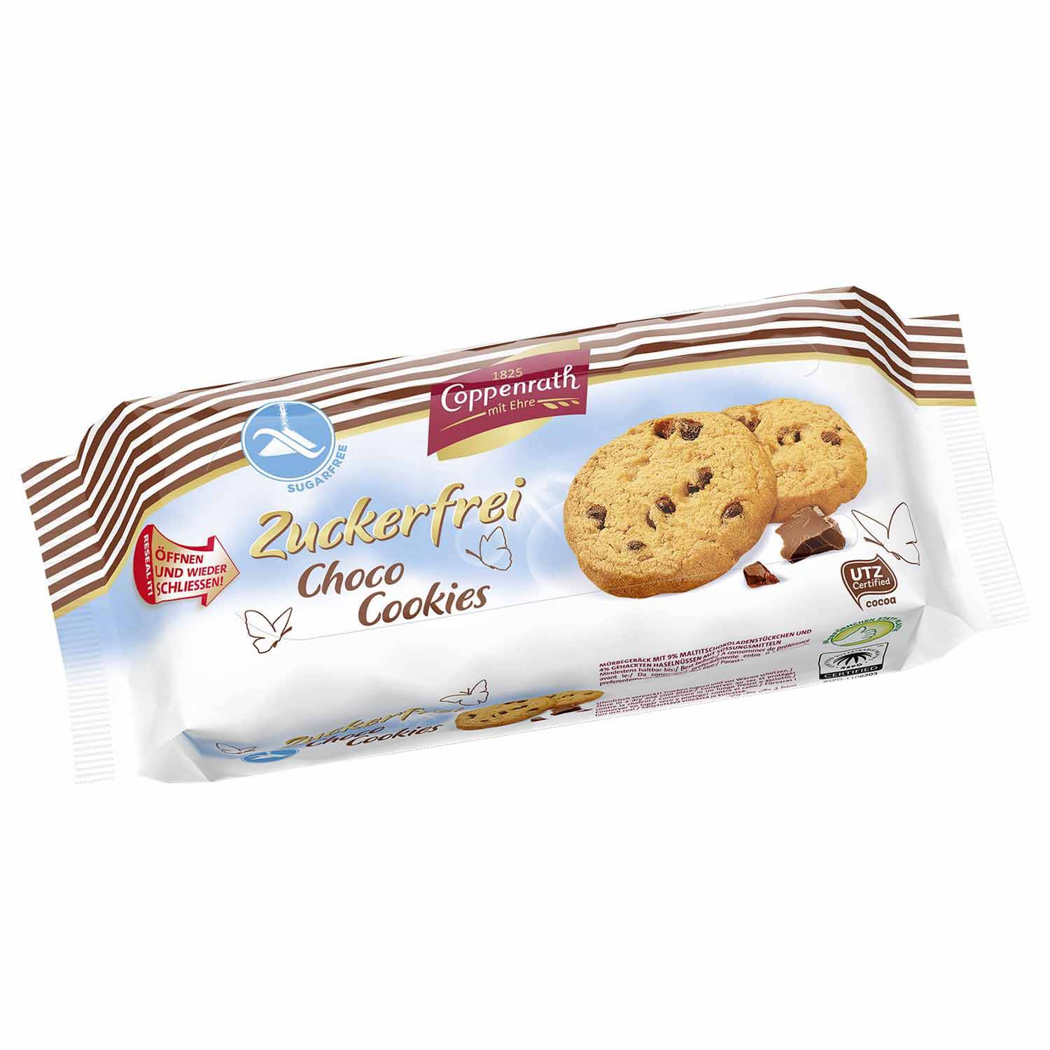 Coppenrath Zuckerfrei Choco Cookies 200g Zuckerfreies Mürbegebäck mit Schokostückchen. Im wiederverschließbaren Frischepack. - Candyshop.ch