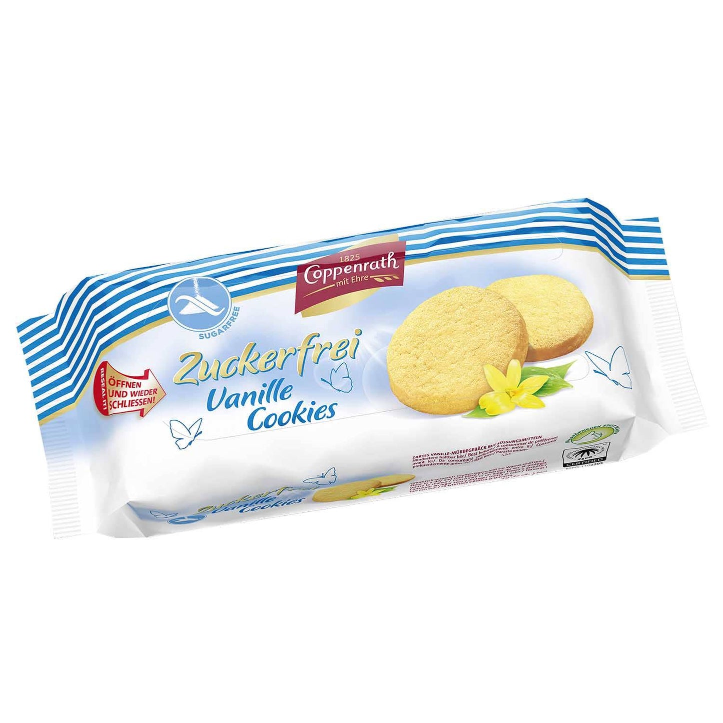 Coppenrath Zuckerfrei Vanille Cookies 200g Zuckerfreies zartes Vanille-Mürbgebäck. Im wiederverschließbaren Frischepack. - Candyshop.ch