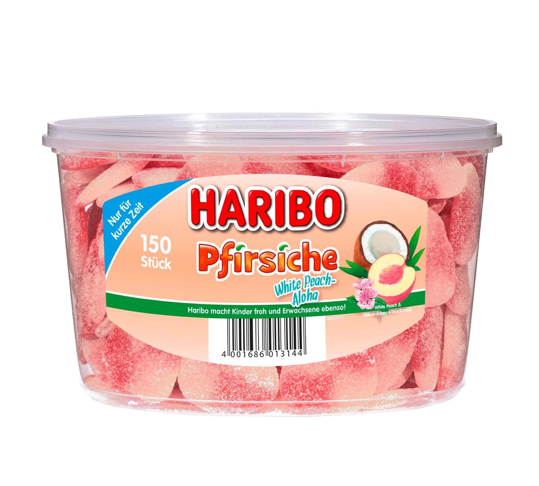 Haribo Pfirsiche White Peach 150er Fruchtgummi mit Pfirsich-Ananas-Kokos-Geschmack - Candyshop.ch