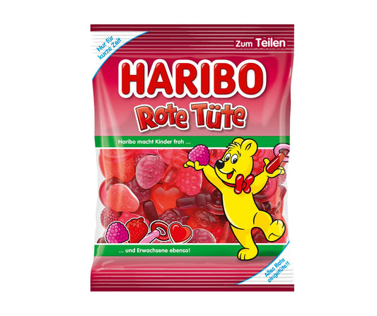 Haribo Rote Tüte 175g Rote Fruchtgummi Mischung. Teilweise mit Schaumzucker.