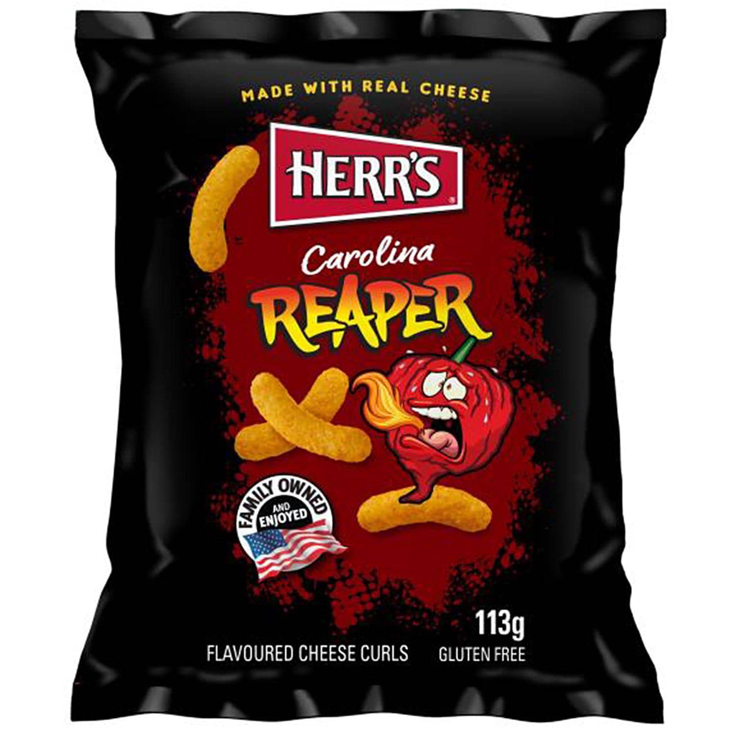 Herr's Carolina Reaper Cheese Curls 113g Maissnack mit Käsegeschmack und extra scharfem Carolina Reaper Chili - Candyshop.ch