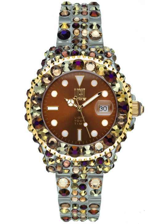 LIGHT TIME Mod. MEDITERRANEO - Full Strass / Brown L603Z Date Armbanduhr 35 mm Braun