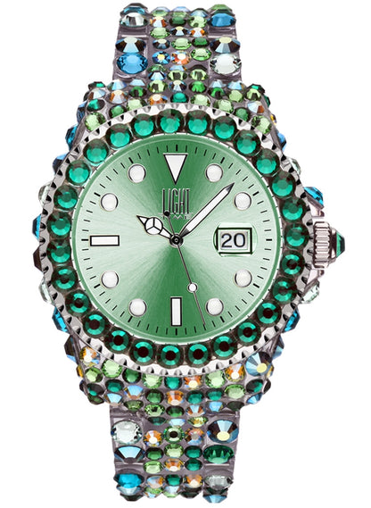 LIGHT TIME Mod. MEDITERRANEO - Full Strass / Green L602M Date Armbanduhr 39 mm Grün