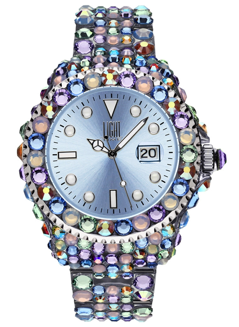 LIGHT TIME Mod. MEDITERRANEO - Full Strass / Light Blue L602H Date Armbanduhr 39 mm Blau