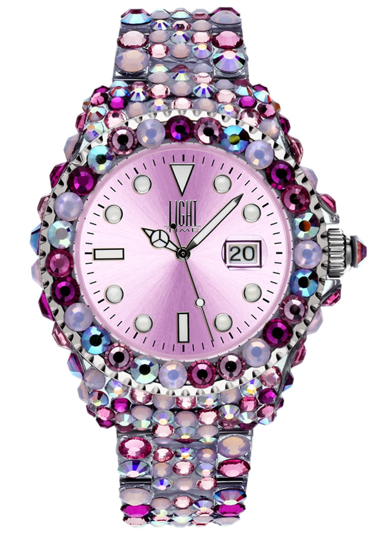 LIGHT TIME Mod. MEDITERRANEO - Full Strass / Pink L602F Date Armbanduhr 39 mm Rosa