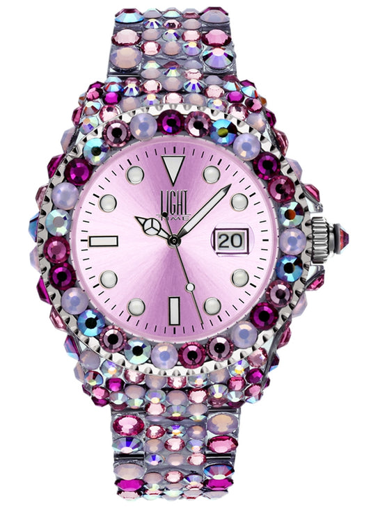LIGHT TIME Mod. MEDITERRANEO - Full Strass / Pink L602F Date Armbanduhr 39 mm Rosa