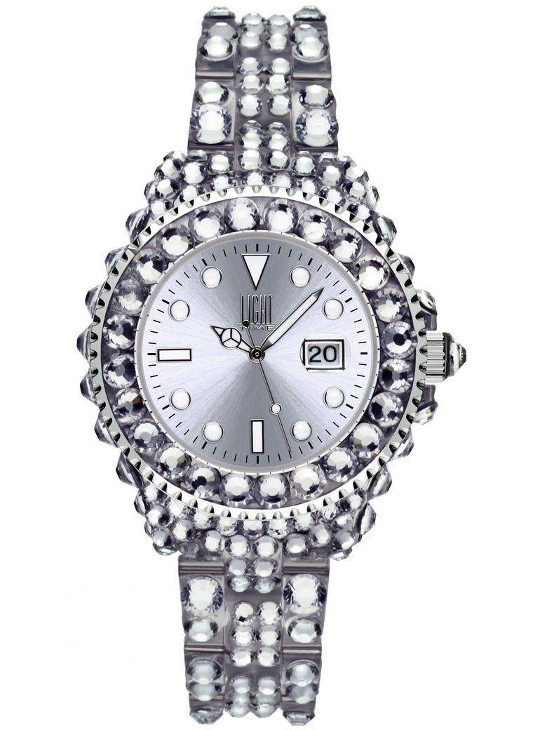 LIGHT TIME Mod. MEDITERRANEO - Full Strass / Silver L603A Date Armbanduhr 35 mm Silber