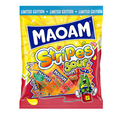 Maoam Stripes Sour 175g Limited Edition: Einzeln verpackte Kaubonbon-Streifen.