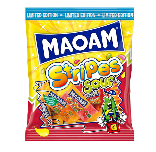 Maoam Stripes Sour 175g Limited Edition: Einzeln verpackte Kaubonbon-Streifen.