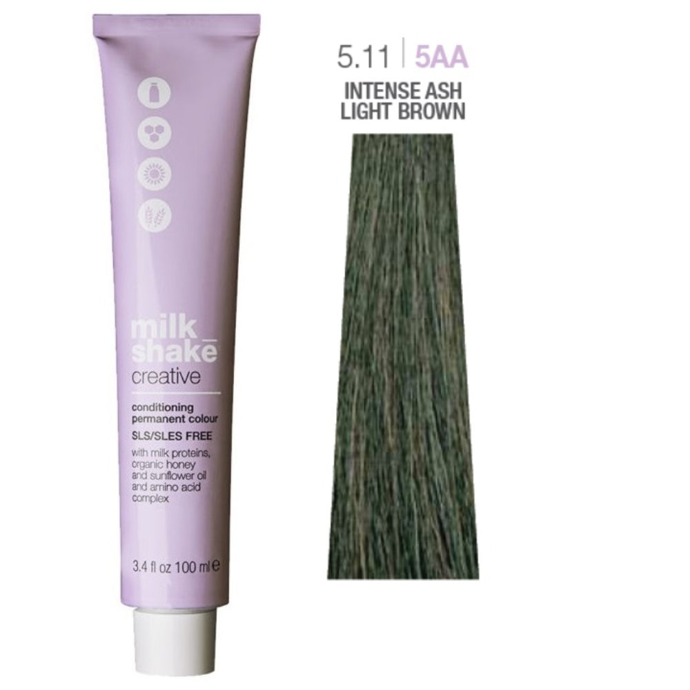Milk Shake, Creative, Ohne SLS/SLES, Permanente Haarfarbe, 5.115AA Light Brown Intense Ash, 100 ml