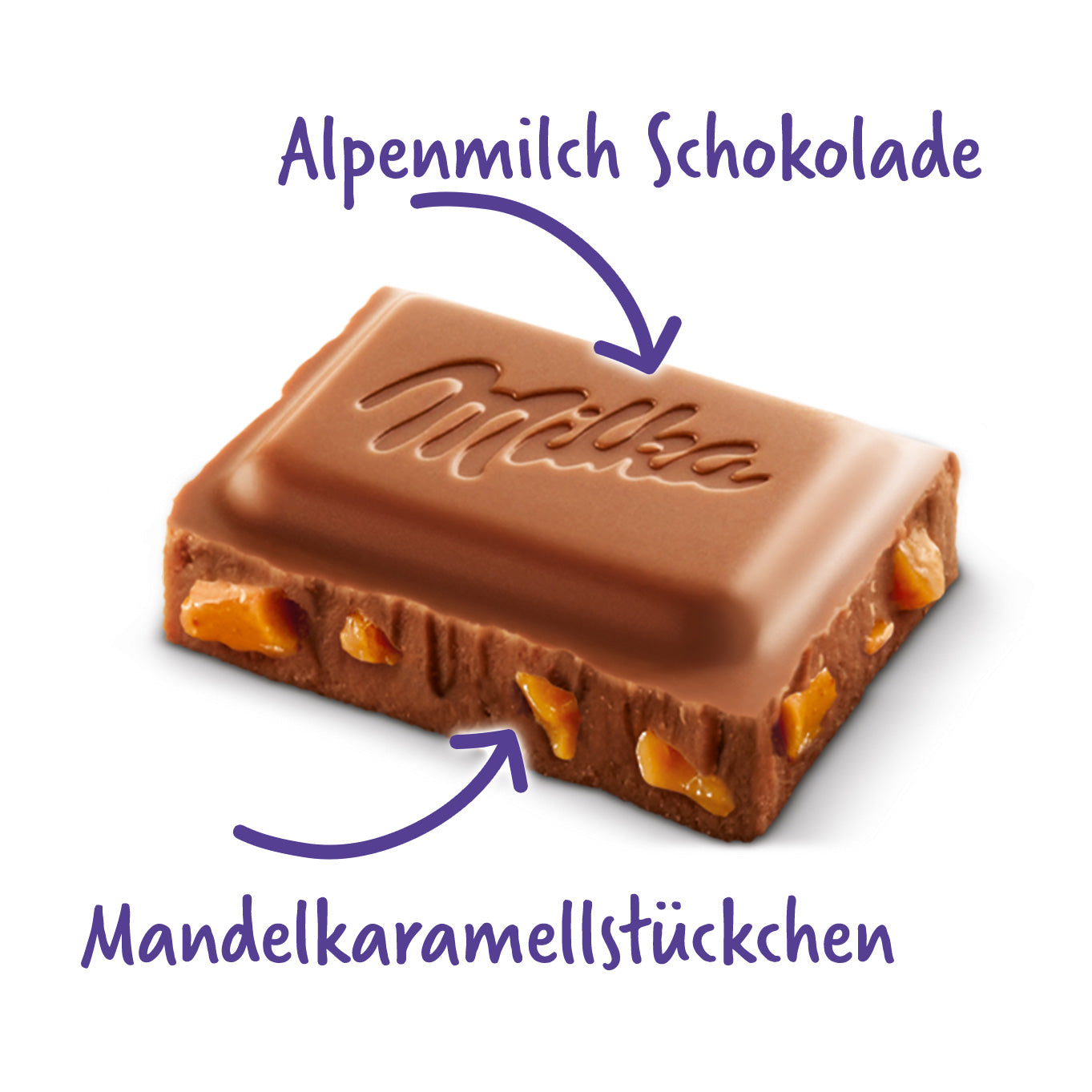 Milka Daim 100g Alpenmilch Schokolade mit Mandel Karamell Stückchen – Detailansicht