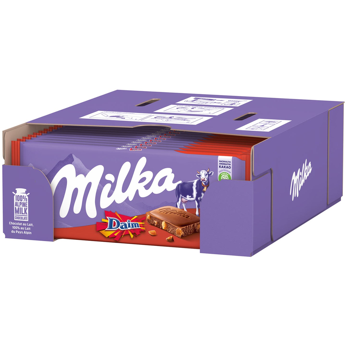 Milka Daim 100g Alpenmilch Schokolade mit Mandel Karamell Stückchen – Seitenansicht