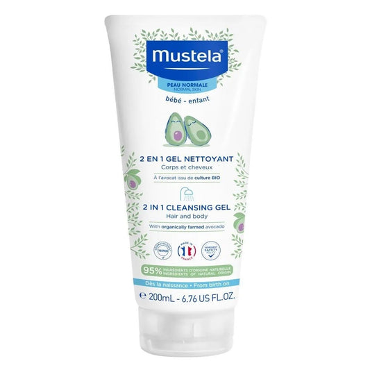 Mustela 2 in 1 Avocado Reinigungsgel für Kinder – Sanfte Pflege für Gesicht & Haar, 200 ml