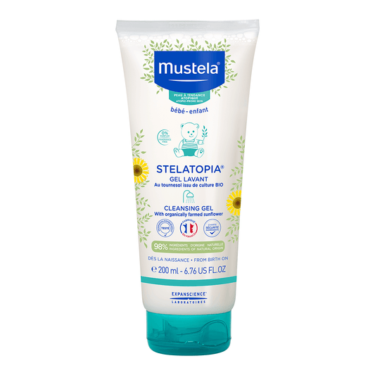 Mustela Stelatopia Duschgel mit Sonnenblume – Beruhigend für sehr trockene & empfindliche Kinderhaut, 200 ml