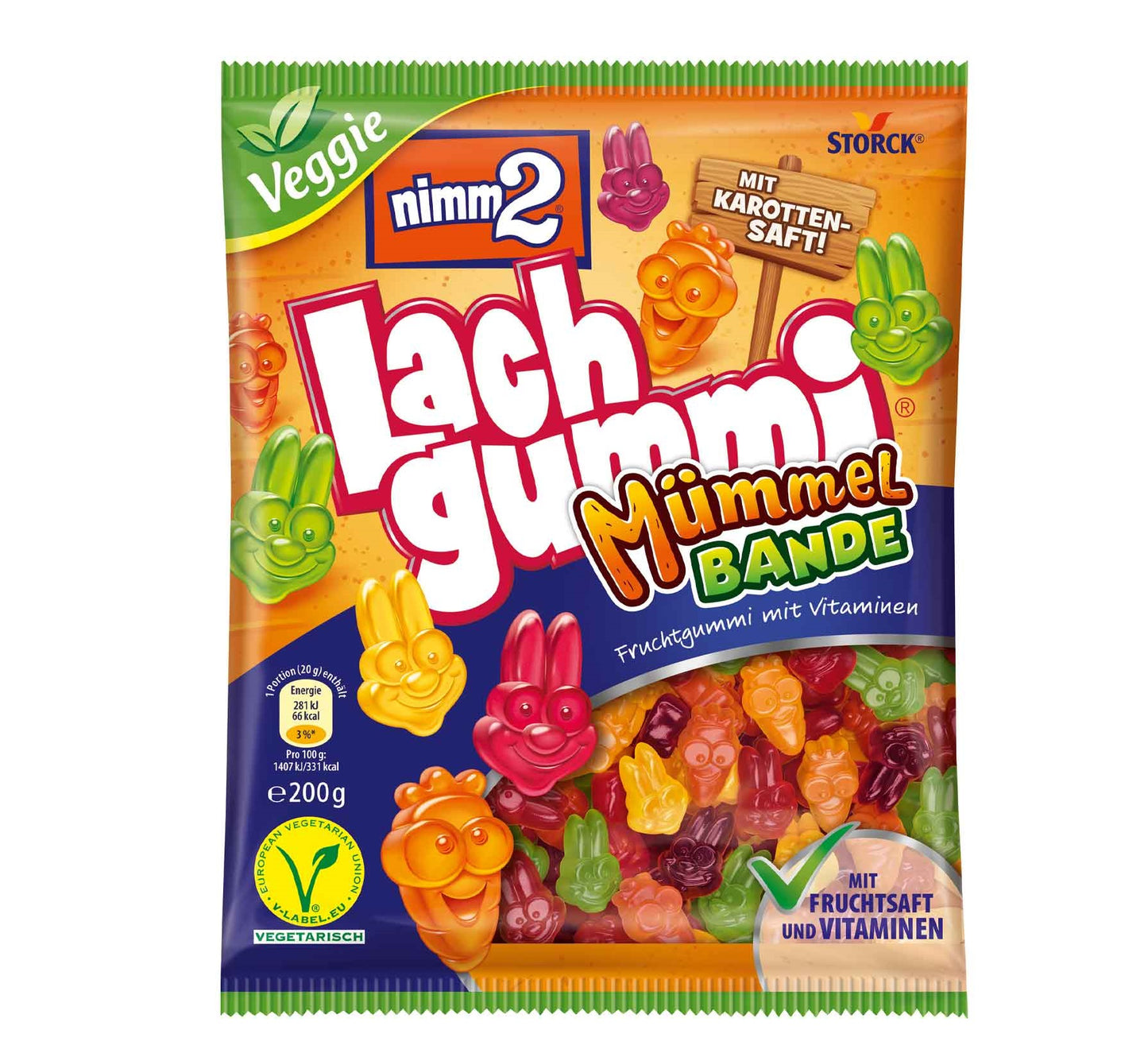 nimm2 Lachgummi Mümmelbande 200g Fruchtgummi mit Karottensaft, Fruchtsaft und Vitaminen.