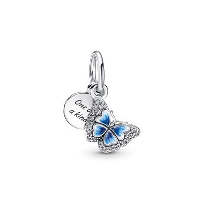 PANDORA Mod. BLUE BUTTERFLY & QUOTE DOUBLE DANGLE CHARM Damen Charm aus Silber 925 in Blau – Produktansicht