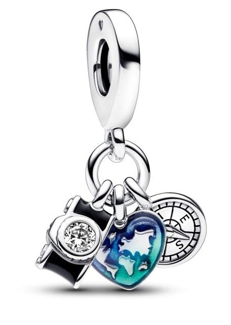 PANDORA Mod. CAMERA, HEART & COMPASS TRIPLE DANGLE CHARM Damen Charm aus Silber 925 in Silber – Produktansicht