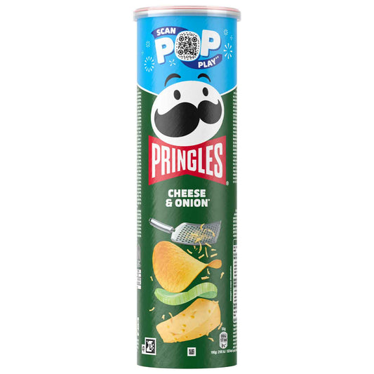 Pringles Cheese & Onion 185g  Stapelchips mit Käse- und Zwiebelgeschmack. Für Vegetarier geeignet.