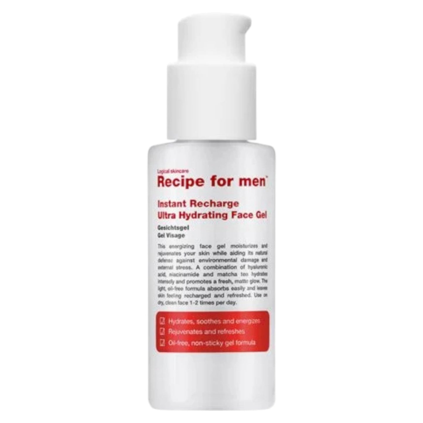 Recipe For Men Recipe For Men, Instant Recharge, Hyaluronsäure, Feuchtet an, Gel, Gesicht, 75 ml Regular