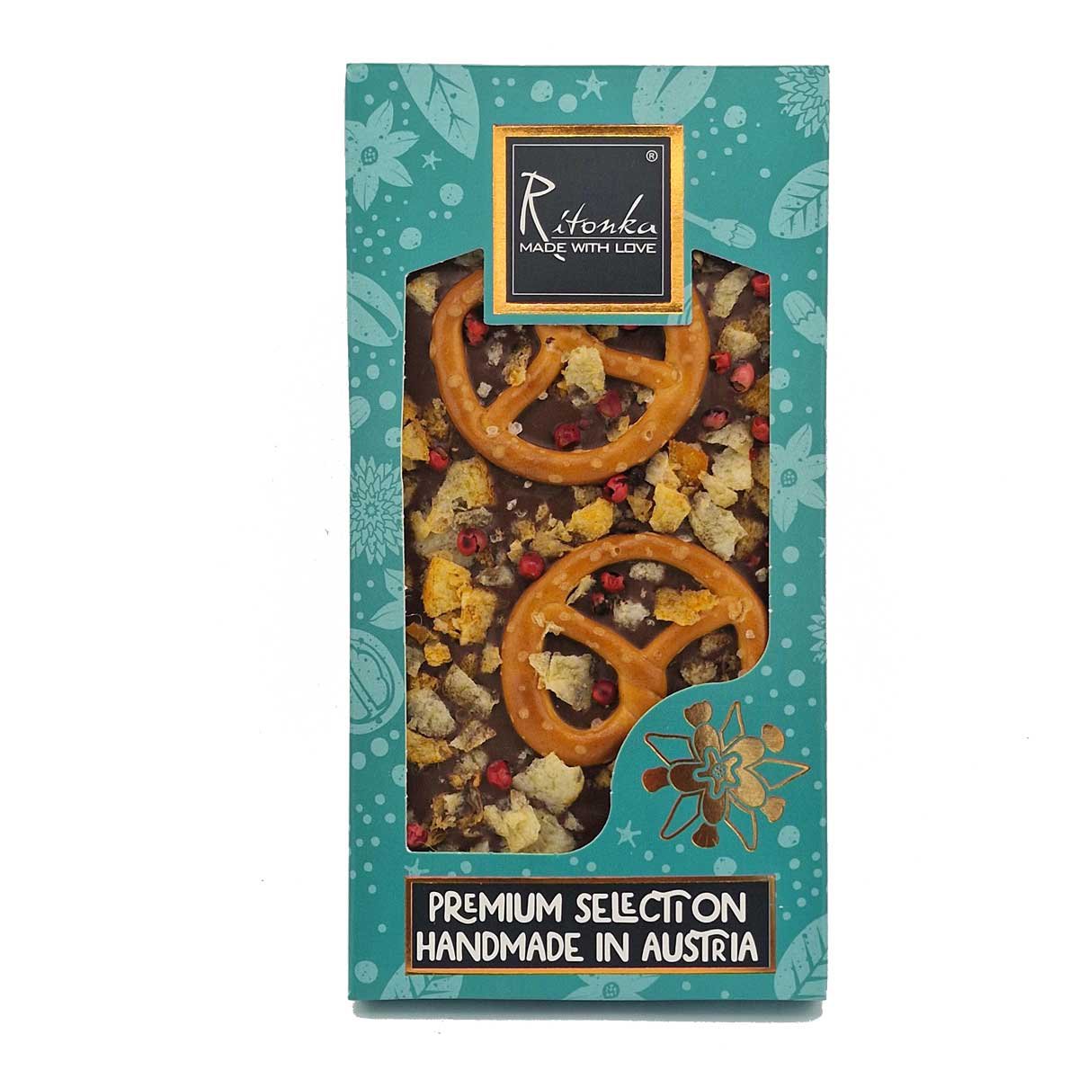 Ritonka Premium Milchschokolade - Brezel, Crispy Chips, red Pepper 95g - Handarbeit - Candyshop.ch