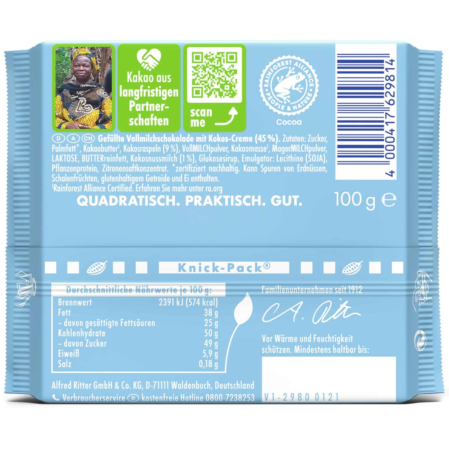 Ritter Sport Kokos 100g  Alpen-Vollmilch-Schokolade mit Kokos-Milch-Creme